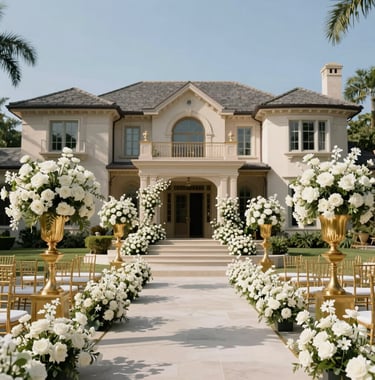 A high-profile destination event setup at a luxury estate, featuring gold accents and elegant white floral arrangements. North American / US style architecture in the background under clear skies.