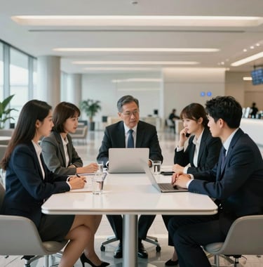 A group of professional business travelers in a bright, modern airport lounge in the US, engaged in a focused meeting around a white table. The scene is clean and spacious, reflecting premium corporate travel services.