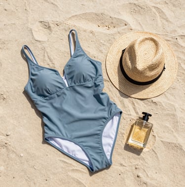 A flat lay photograph of travel essentials: a muted slate blue swimsuit, a straw hat, and a bottle of perfume on a warm cream sandy beach in a Western / International location.