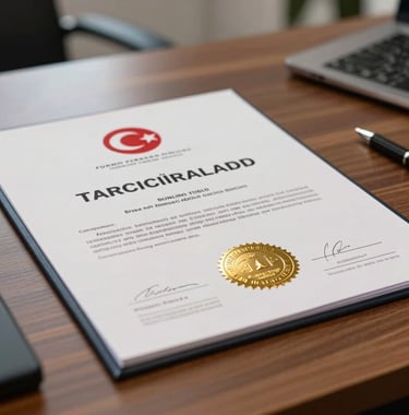 Close-up photography of an official railway certification document with a gold seal, resting on a wooden desk in a professional Turkish office setting.