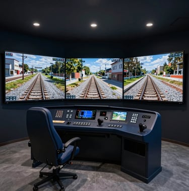 A realistic railway driving simulator room in Türkiye, featuring digital screens showing track simulations, modern navy blue training equipment.