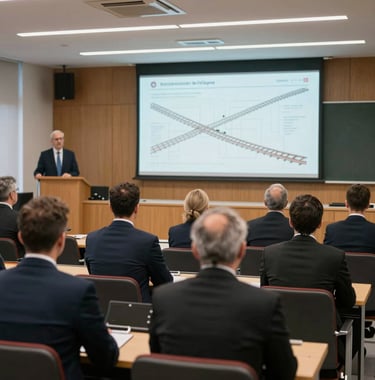A group of professionals in professional attire attending a seminar in a modern Turkish lecture hall, bright lighting, focus on a digital screen showing railway charts.