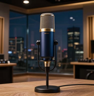 A minimalist, premium radio broadcasting mic standing in a luxury studio with glass walls and views of a night city. Navy and gold lighting palette.