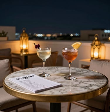 An overhead shot of an elegant rooftop lounge table in Muscat with two sophisticated drinks, a program for JazzWave Radio, and the warm glow of gold lanterns against a deep navy night sky.