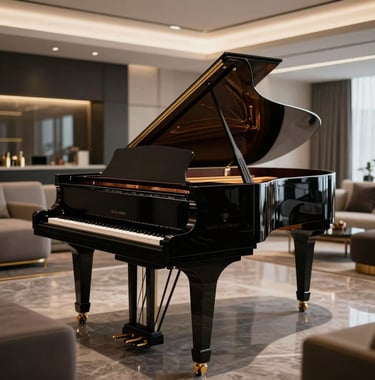A high-end, polished grand piano in a minimalist luxury lounge. The black wood reflects soft gold light. The setting is a premium Middle Eastern / Gulf media house with clean architectural lines and a dark luxury theme.