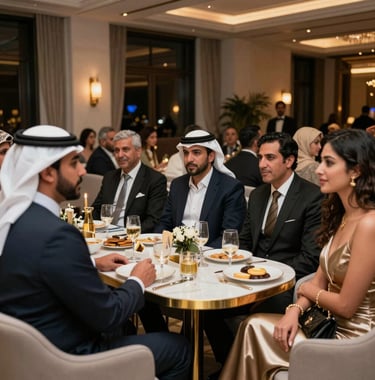 A group of elegantly dressed guests at a private networking event in a Middle Eastern / Gulf luxury hotel. The lighting is low and sophisticated with gold accents, focusing on the refined atmosphere of the JazzWave club.