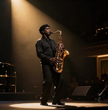 A silhouette of a jazz saxophonist performing on a stage under a single gold spotlight. The background is a deep black, capturing a moment of pure musical elegance in a luxury Middle Eastern / Gulf venue.