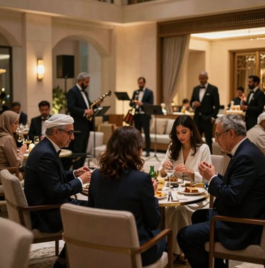 A sophisticated social gathering at a luxury venue in Muscat. Elegant people enjoying a live jazz performance under soft, gold-toned ambient lighting. Deep navy shadows.