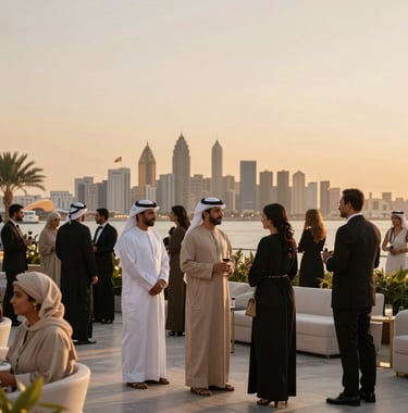 A sophisticated lifestyle photograph of an elegant Middle Eastern / Gulf evening event. Guests in formal attire are enjoying a rooftop setting with soft gold lighting and a background of the Muscat skyline. The composition is minimalist and luxurious.