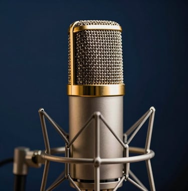 A close-up photograph of a professional studio microphone with gold accents, set against a dark navy blue background. The lighting is dramatic and cinematic, highlighting the refined textures of the media equipment. Middle Eastern / Gulf luxury studio aesthetic.