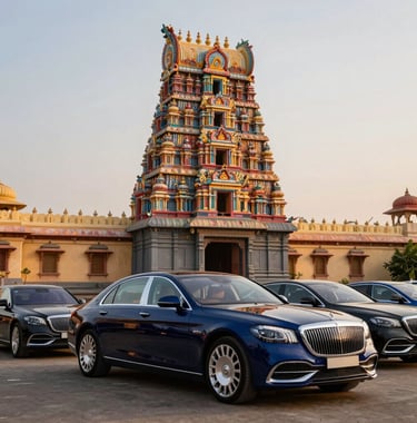 A professional wide-angle shot of a premium luxury sedan from our rental fleet, parked in front of a majestic and colorful South Asian / Indian temple during the golden hour. The lighting is warm and emphasizes the Deep Ocean Blue finish of the car.