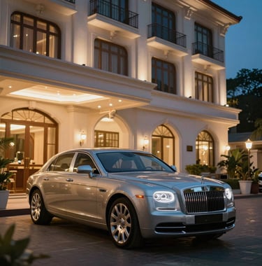 A luxury car parked by a beautiful, brightly lit South Asian / Indian boutique hotel at night. The scene is elegant with warm and steel blue tones.