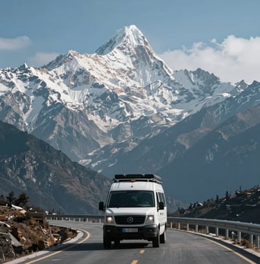 A travel van driving on a scenic mountain road in the Himalayas, surrounded by snow-capped peaks and mist blue skies. Majestic and adventurous.