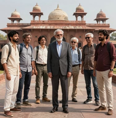A high-quality lifestyle photograph of a group of travelers enjoying a curated tour at a South Asian / Indian heritage site, dressed in comfortable yet elegant travel attire. The scene is bright and professional, captured in the midday sun.