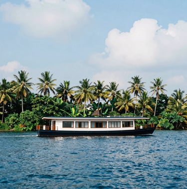 A serene photograph of a luxury houseboat drifting along the Kerala backwaters in a lush South Asian / Indian tropical landscape. The water is a calm Deep Ocean Blue, and the sky is a pale Cloud White.