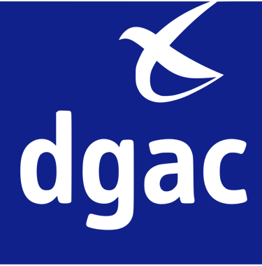Official DGAC logo featuring black lowercase letters and a stylized bird icon on a solid blue background.