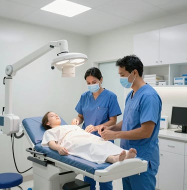 A modern health clinic interior in Brazil, professional lighting, clean white and blue tones, representing medical SST management.