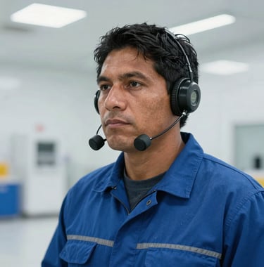 Close-up of a worker in South American industrial attire wearing smart PPE with integrated sensors, standing in a clean, modern warehouse with soft ice white lighting.