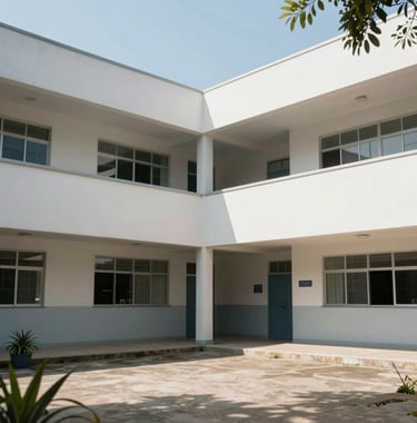 Modern architecture of a South American technical school for occupational safety, clean lines, bright daylight, professional atmosphere.