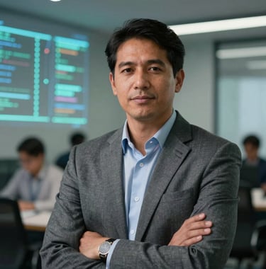 Portrait of a confident engineering professional in a South American corporate office with a background of glowing data nodes and a soft-focus tech environment.