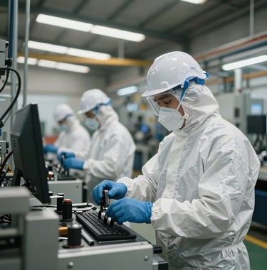 Industrial South American manufacturing plant with workers in modern PPE, showcasing a safe and technologically advanced environment.