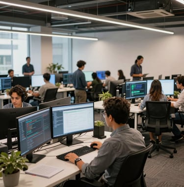 Wide shot of a modern Brazilian technology hub with professionals working at desks featuring large screens with data flows, soft lighting highlighting a collaborative and innovative atmosphere.