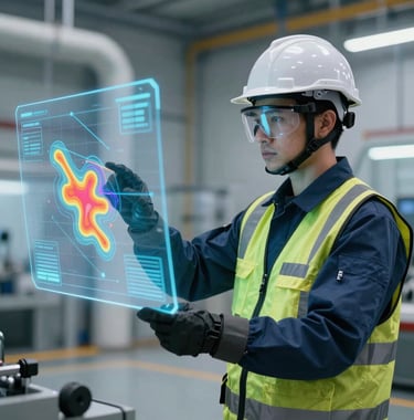 Photography of a Brazilian engineer wearing high-tech protective gear, interacting with a 3D holographic risk visualization of noise and heat maps in a bright, futuristic industrial setting.