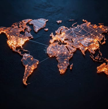 An overhead shot of a glowing fiber optic network spread across a dark surface, symbolizing global connectivity and smart vigilance, with deep night blue and vibrant orange highlights.