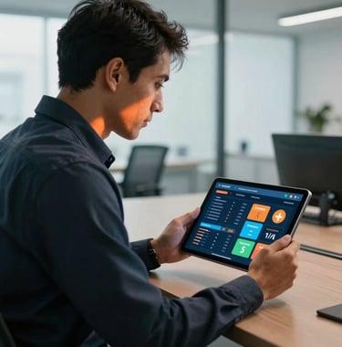 A South American safety professional in a modern office, reviewing a colorful gamified safety dashboard on a high-resolution tablet, with soft orange light reflections and professional attire.
