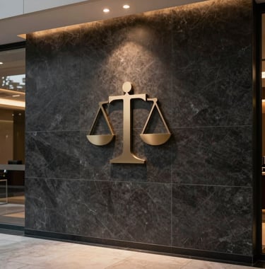A photograph showing the firm's entrance, featuring a polished dark charcoal wall with a subtle logo. The lighting is warm and welcoming, highlighting the elegant and professional atmosphere of a high-end financial law firm.