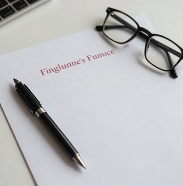 An overhead shot of a clean, minimalist desk with a fountain pen, a pair of glasses, and a financial report. The paper has subtle crimson red headings. Soft off-white aesthetic.