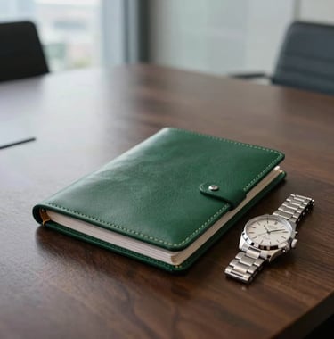 A modern boardroom table in a high-rise office. The lighting is professional and clear. Details include a leather portfolio in forest green and a silver watch on the table, symbolizing precision and wealth management.