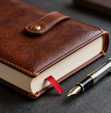 A close-up professional photograph of a leather-bound legal volume and a classic fountain pen resting on a dark charcoal desk surface. Soft side-lighting highlights the texture of the leather and the crimson red bookmark within the pages.