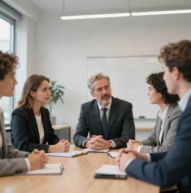 A focused team of professionals in dark charcoal suits having a meeting around a glass table. A soft off-white wall is in the background. Minimalist and corporate.