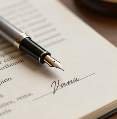 A close-up shot of a fountain pen resting on a signed legal document. The paper is high-quality soft off-white. The lighting is focused and elegant, reflecting a professional and trustworthy legal environment.