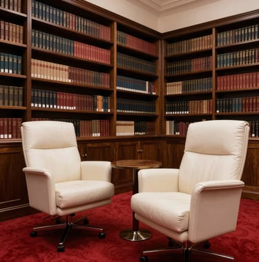 Interior shot of a sophisticated law library with floor-to-ceiling shelves. The dark wood of the shelves contrasts with the soft off-white leather of the reading chairs. A crimson red rug adds a touch of modern elegance.