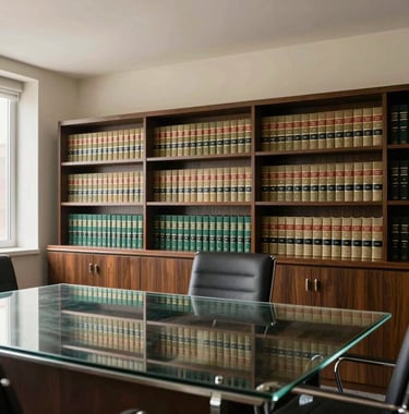 An interior photograph of a bright, modern law office consultation room. A large glass table reflects the soft off-white ceiling. The background features a tall bookshelf filled with legal journals, with subtle forest green accents in the decor.