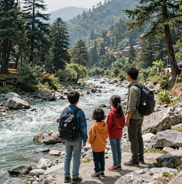 Photography of a family of travelers happily enjoying a view of the Beas River in Manali, rocky riverbank, lush cedar forests, bright daylight, South Asian tourism.