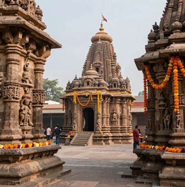 Photography of a serene temple courtyard in Vrindavan, with intricate stone carvings and colorful marigold garlands, soft natural light, South Asian cultural richness.