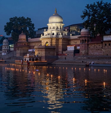A serene photography shot of the evening Aarti ceremony in Vrindavan, with many glowing lamps reflecting off the water. The architecture of the South Asian / Indian ghats is visible in the background. The colors are dominated by deep navy and warm off-white glows.