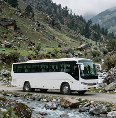 A photography shot of a luxury travel coach parked beside a mountain stream in Manali. The South Asian / Indian landscape features rugged rocks and sage green vegetation. High-quality, clear composition with a sophisticated travel vibe.