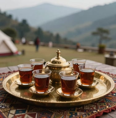 Detailed shot of traditional Indian tea being served on a brass tray at a luxury mountain campsite, warm hospitality, South Asian / Indian setting.
