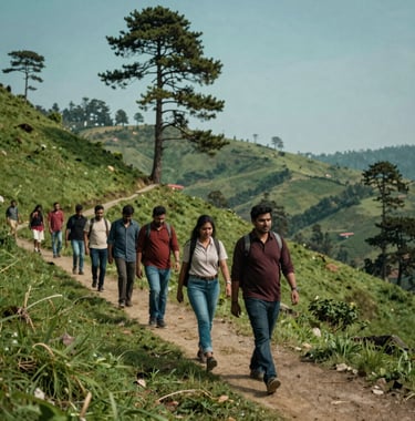 A professional photograph of a group of South Asian / Indian travelers walking along a lush green trail in Shimla. The background shows rolling hills and tall pine trees under a clear teal sky. The lighting is soft and natural.