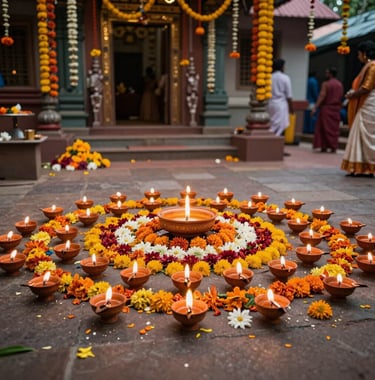 A festive celebration in a temple courtyard with flowers and traditional lamps, South Asian / Indian context, vibrant and respectful mood.