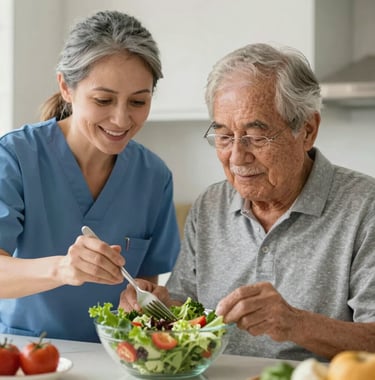 A close-up of a senior resident and a caregiver in a bright North American kitchen preparing a fresh salad together, symbolizing relationship-centered care and dignity.