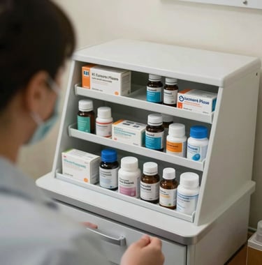A photo of a neatly arranged medication management station in a professional home-care setting, emphasizing clinical precision and safety.