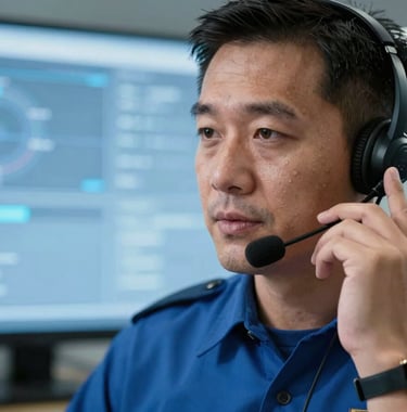 A focused close-up of a North American emergency dispatcher in a medium blue uniform calmly speaking into a headset, reflecting professional crisis communication. The background features light blue interface glow.