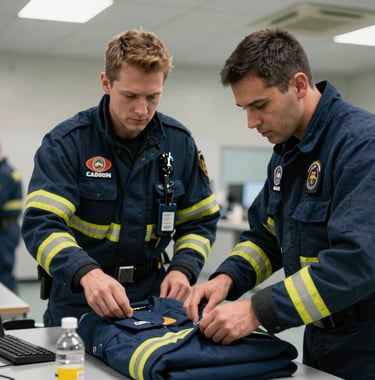Professional emergency responders in dark blue uniforms coordinating logistics in a high-tech North American command center. The lighting is crisp and the mood is focused and efficient.