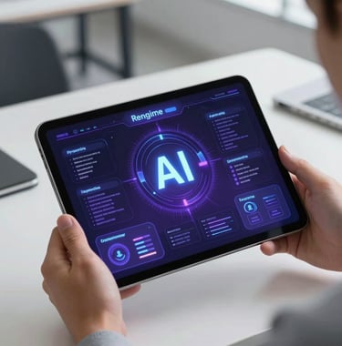 A futuristic digital interface displayed on a high-resolution tablet held by a professional in a modern office. The interface glows with deep purple and indigo hues, representing a sophisticated AI platform.
