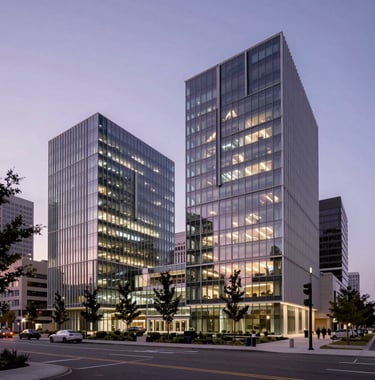 Clean, architectural photography of a modern innovation hub in a North American tech district, featuring glass and steel structures illuminated by soft lavender dusk lighting.